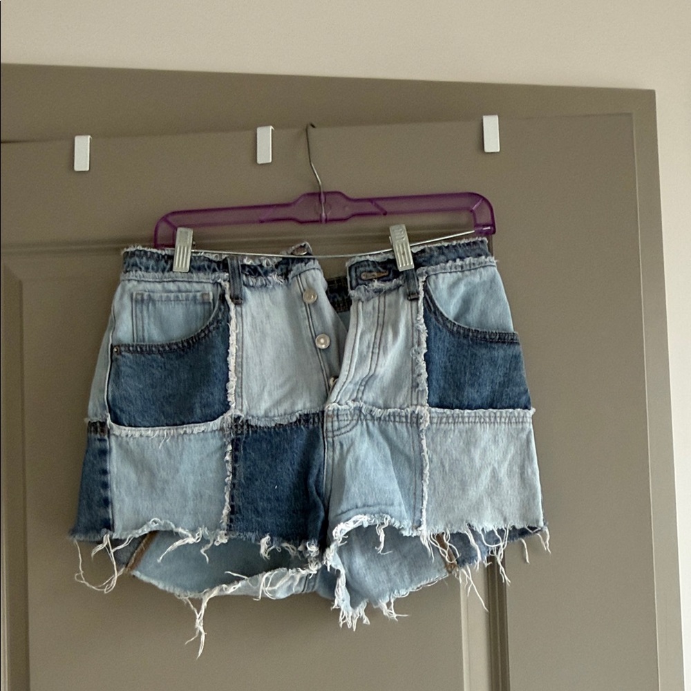 wild fable Two-Tone Patchwork Denim Shorts - Light & Dark Blue